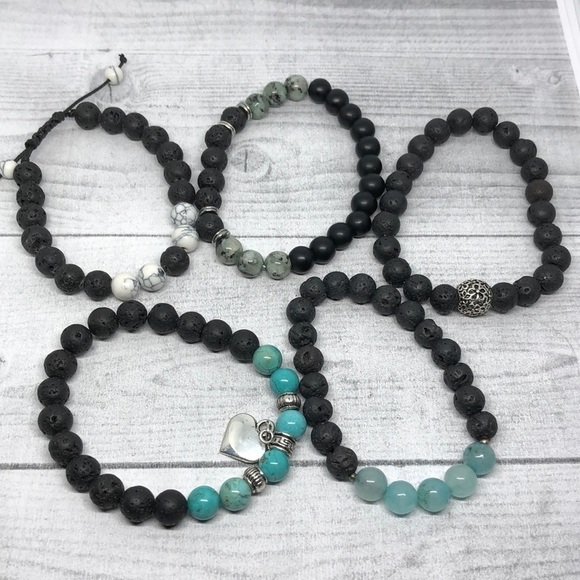 Bundle lot 5 lava stone and gemstone stretch/roll on bracelets boho style - Picture 2 of 7
